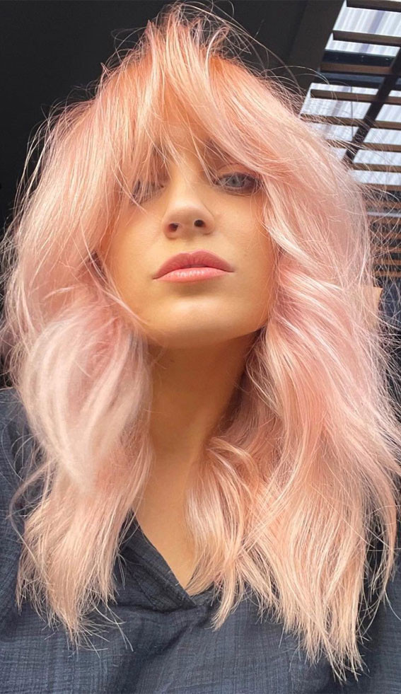 Shaggy Peach-Pink With Wispy Bangs Shaggy Peach-Pink With Wispy Bangs — Peach Hair