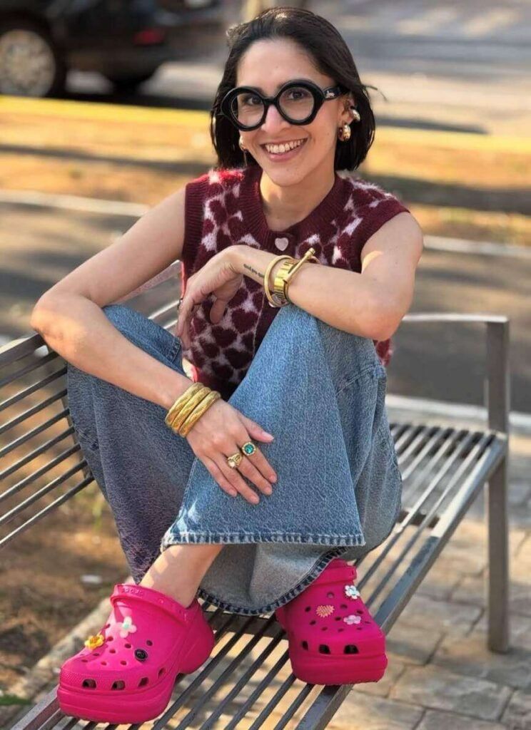 Charming Contrast: Hot Pink Crocs with Burgundy Vest — Crocs Outfits