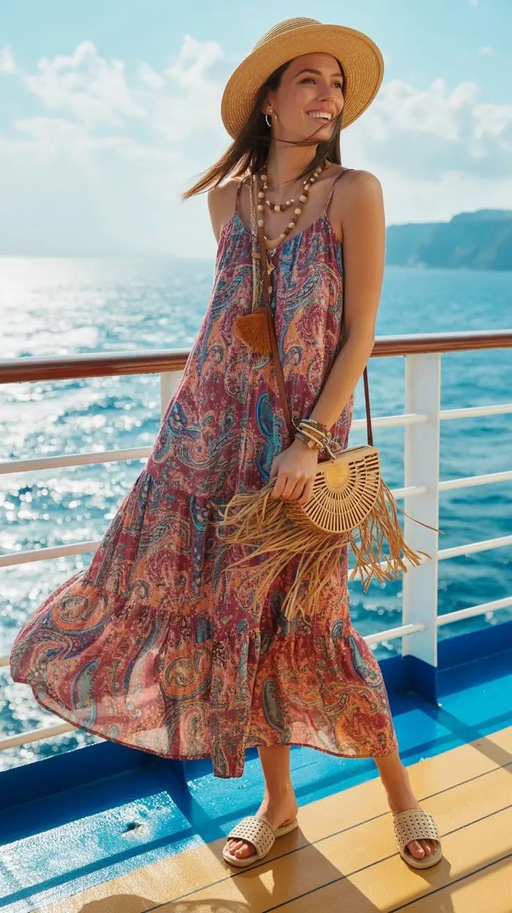 Paisley Print Tiered Maxi Dress for a Vibrant Cruise Look Paisley Print Tiered Maxi Dress for a Vibrant Cruise Look — Boat Outfits