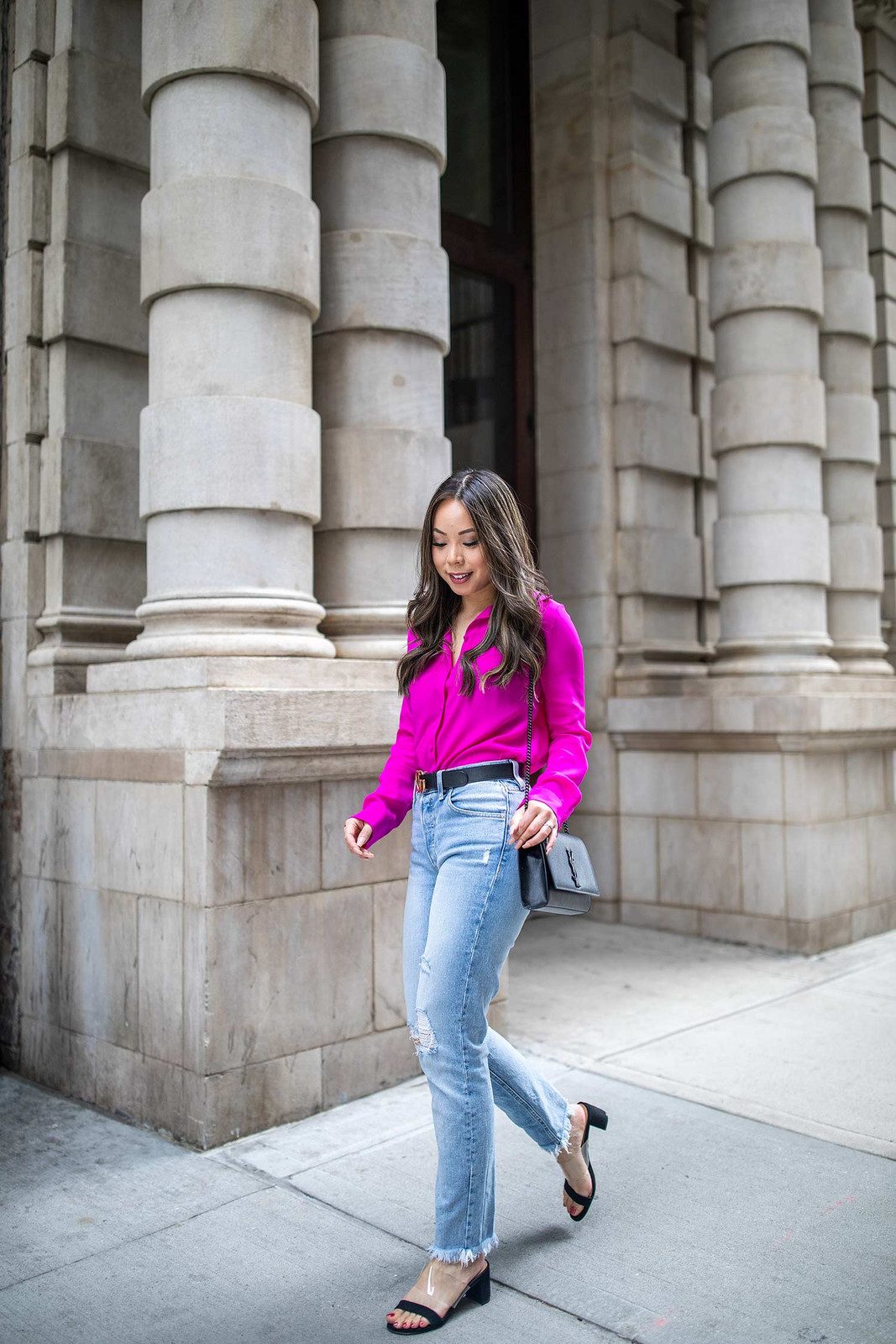 Bright Pink Silk Blouse with Distressed Straight-Leg Jeans Bright Pink Silk Blouse with Distressed Straight-Leg Jeans — Los Angeles Outfits