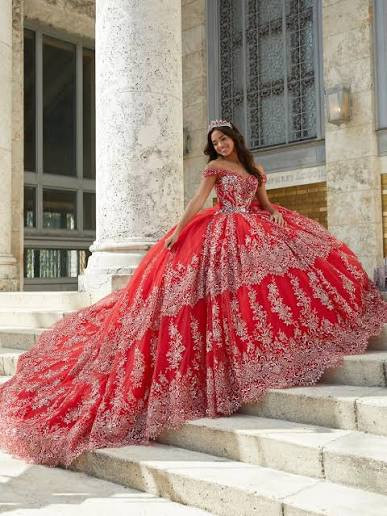 Red Off-the-Shoulder Ballgown with Dramatic Lace Train Red Off-the-Shoulder Ballgown with Dramatic Lace Train — Quinceanera Dresses