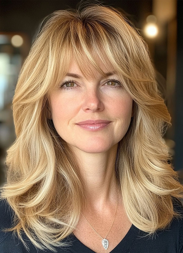 Golden Blonde Shag With Curtain Bangs Golden Blonde Shag With Curtain Bangs — Blonde Hair Over 40