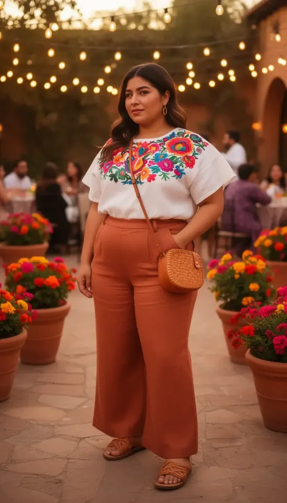 Modern Chola: Embroidered Top with Terracotta Wide-Leg Trousers Modern Chola: Embroidered Top with Terracotta Wide-Leg Trousers — Chola Outfits