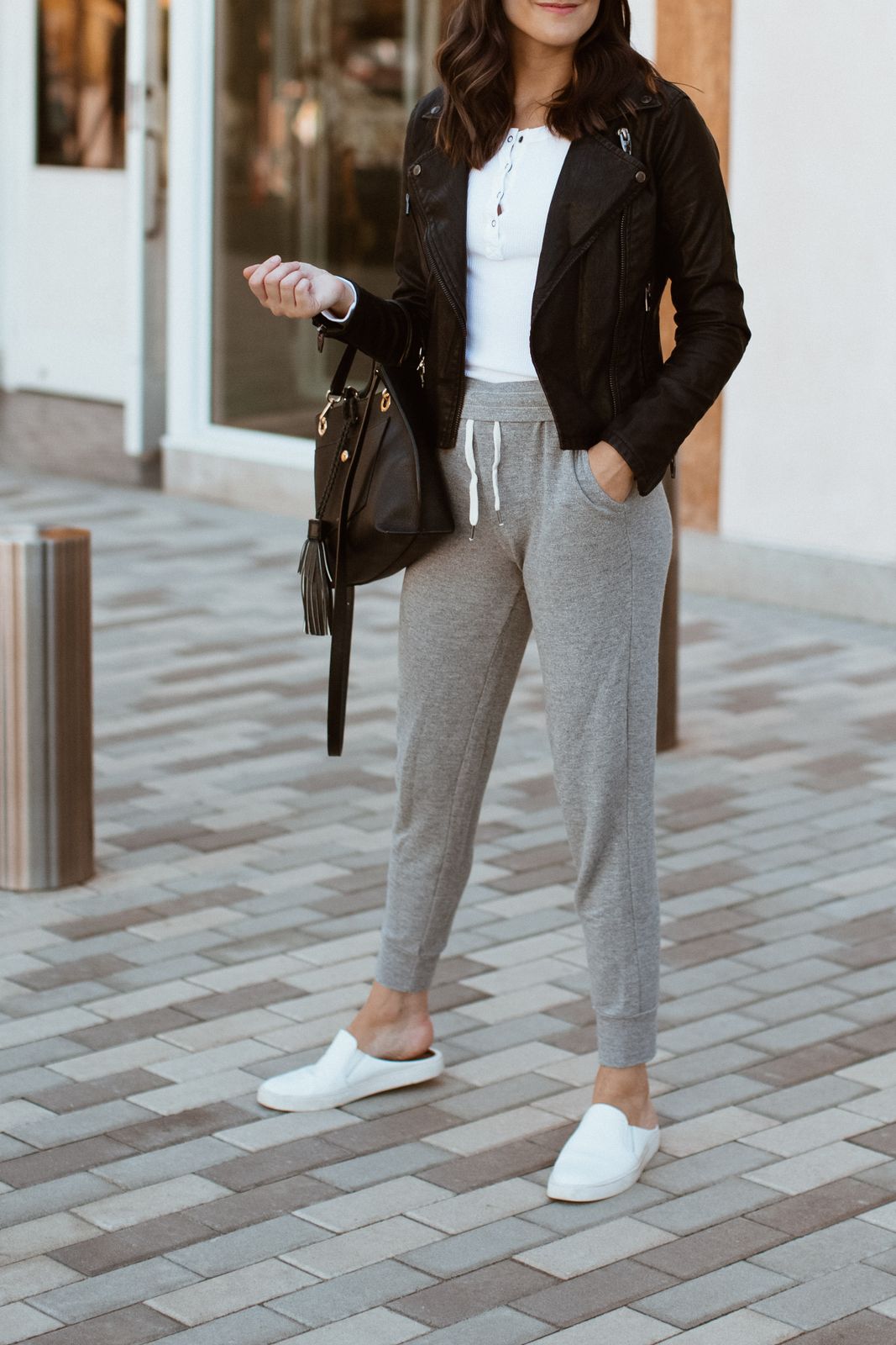 Edgy Athleisure with Grey Joggers and Faux Leather Jacket Edgy Athleisure with Grey Joggers and Faux Leather Jacket — Jogger Outfits