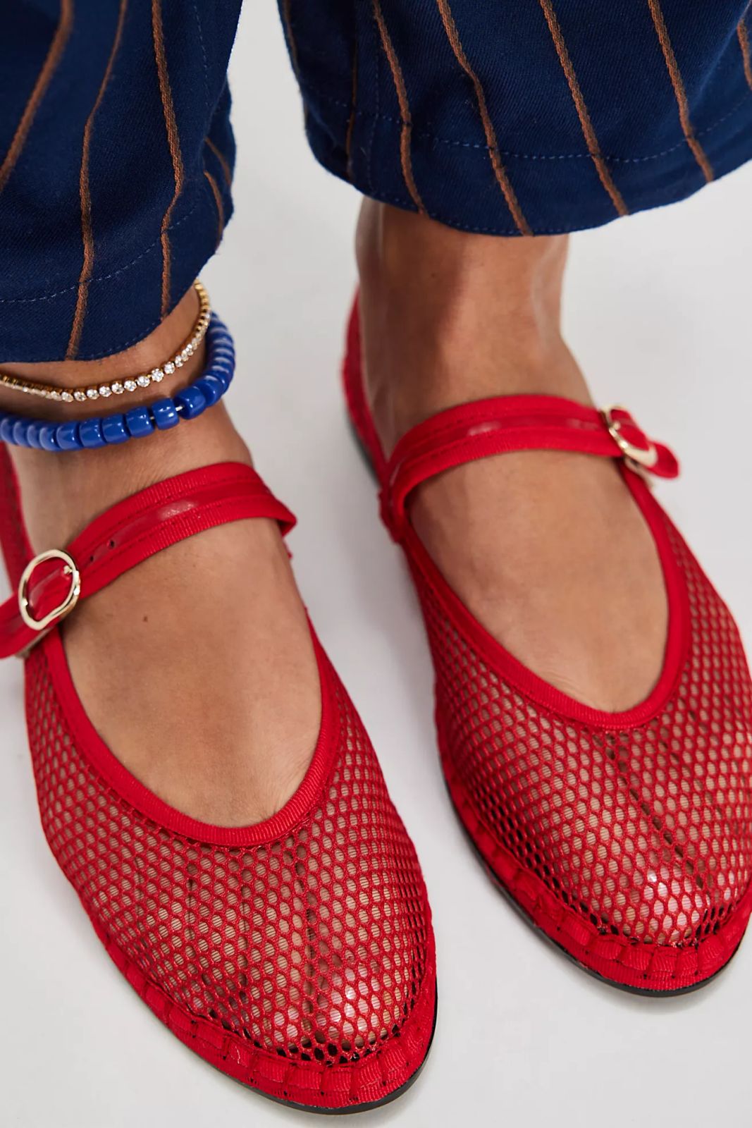 Vibrant Red Mesh Flats with Striped Wide-Leg Trousers Vibrant Red Mesh Flats with Striped Wide-Leg Trousers — Mesh Ballet Flats Outfits