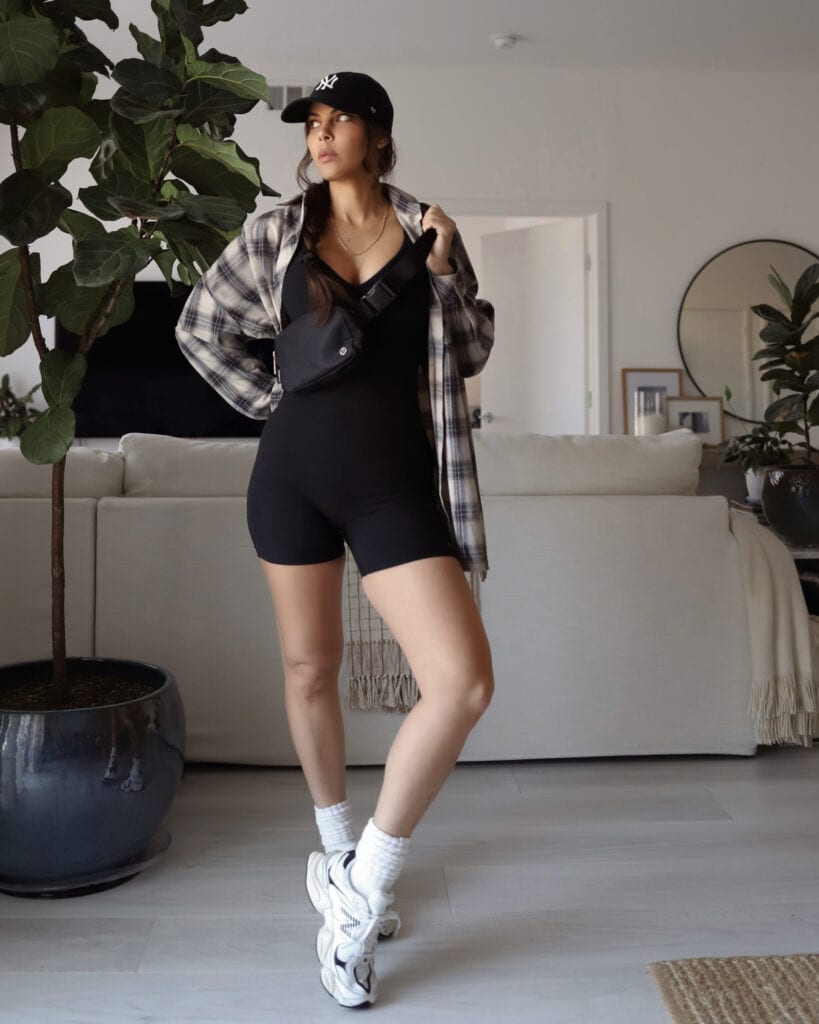 Flannel Shirt Layered Over a Bodysuit with Athleisure Touches — Flannel Outfits
