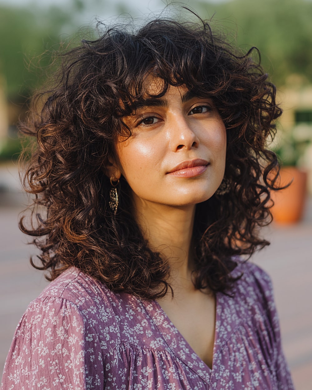 Bohemian Purple Floral Dress with Curly Bangs Bohemian Purple Floral Dress with Curly Bangs