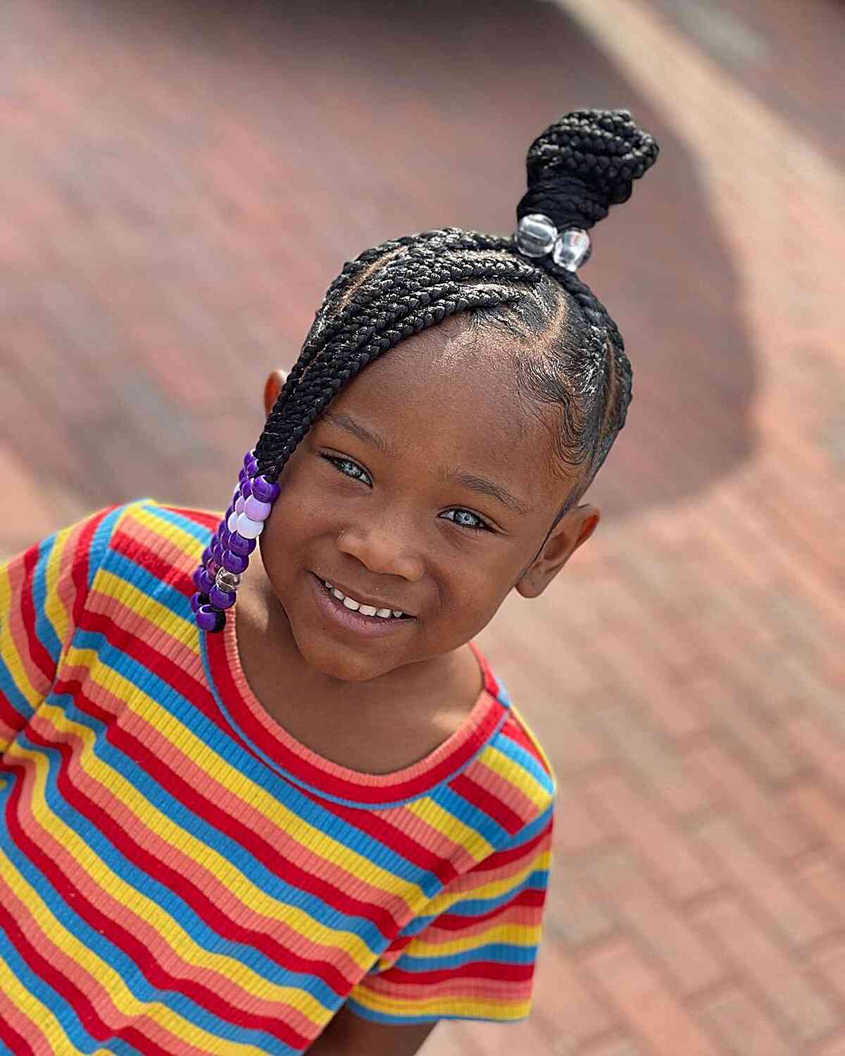 Braided Ponytail with Colorful Beads and Side Fringe — Kids Braids