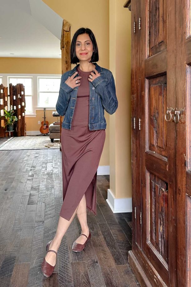 Denim Jacket Over a Maroon Midi Dress Denim Jacket Over a Maroon Midi Dress — Jean Jacket Outfits