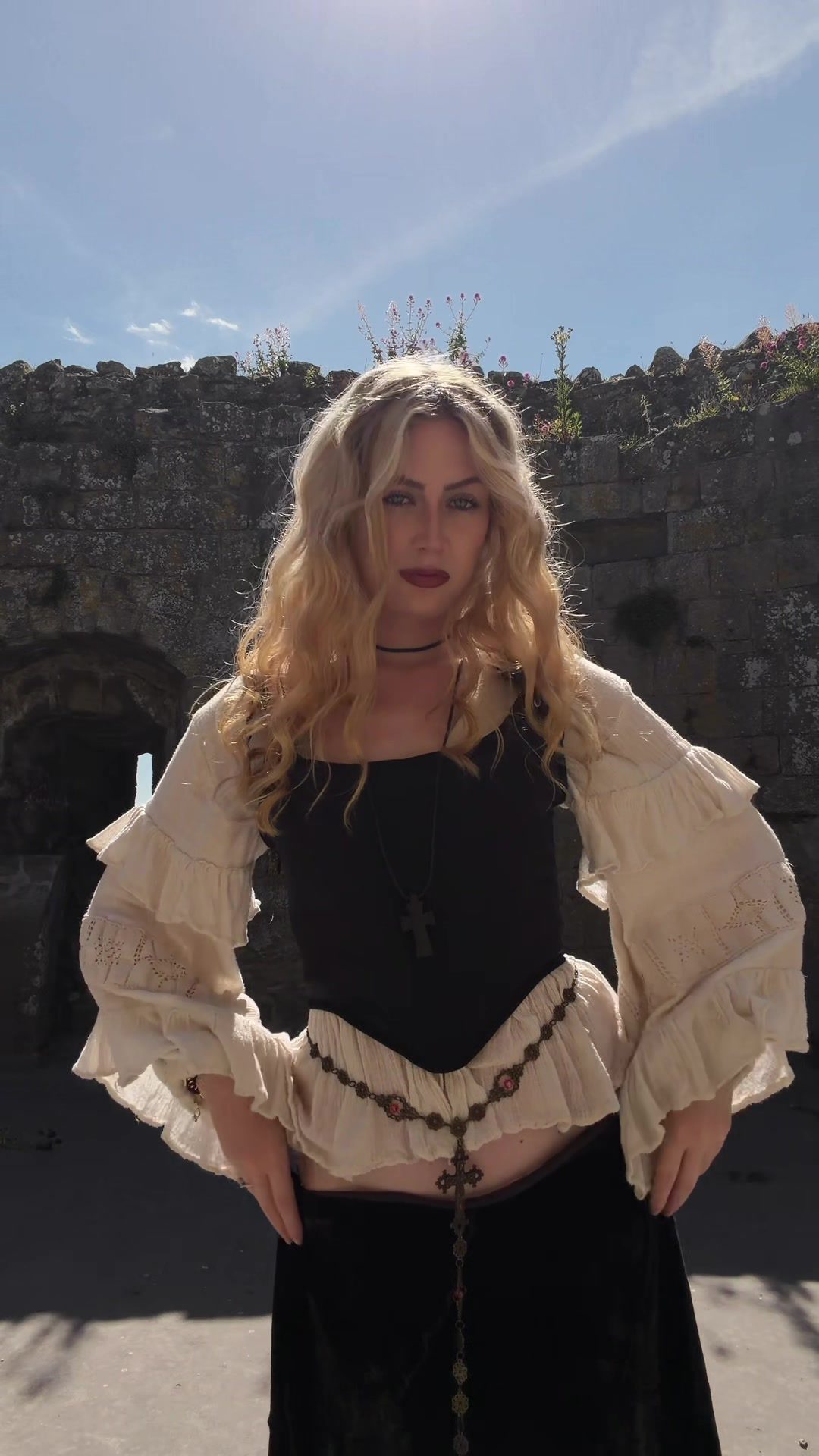 Black Corset Over Cream Blouse with Dramatic Ruffled Sleeves — Princesscore Outfits