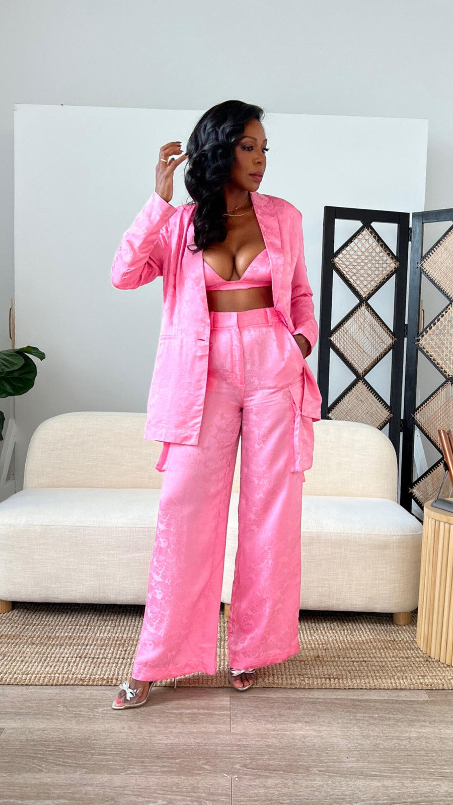 Satin Power Suit in Bold Pink — Barbiecore Outfits