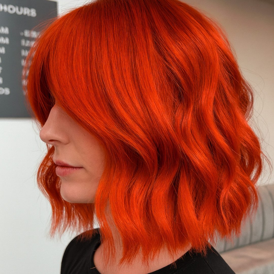 Bright Red Bob With Side-Swept Bangs — Bright Red Hair