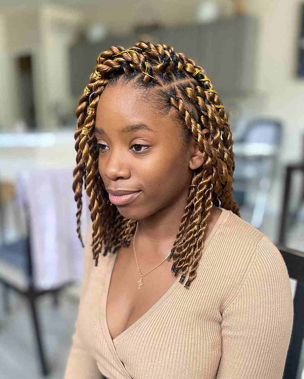 Honey Blonde Box Braids with Beads Honey Blonde Box Braids with Beads — Braids for Medium Hair