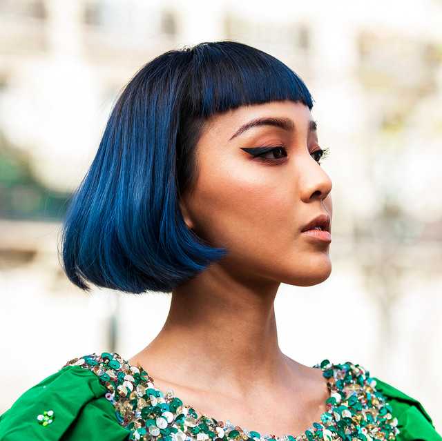 Sharp Chin-Length Bob With Straight Blunt Fringe — Dark Blue Hair