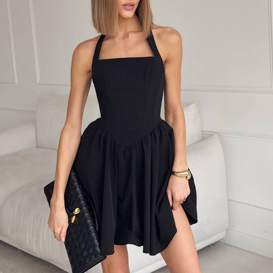 Black Crepe Halter Neck Dress with Asymmetrical Hem Black Crepe Halter Neck Dress with Asymmetrical Hem — Dresses for Skinny Girls