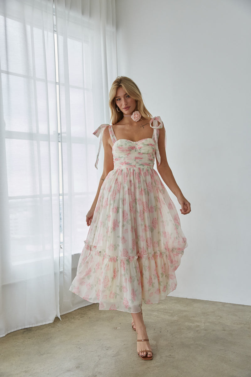 Romantic Daytime Event: Ivory Floral Midi Dress with Bow Straps Romantic Daytime Event: Ivory Floral Midi Dress with Bow Straps — Floral Dress Outfits
