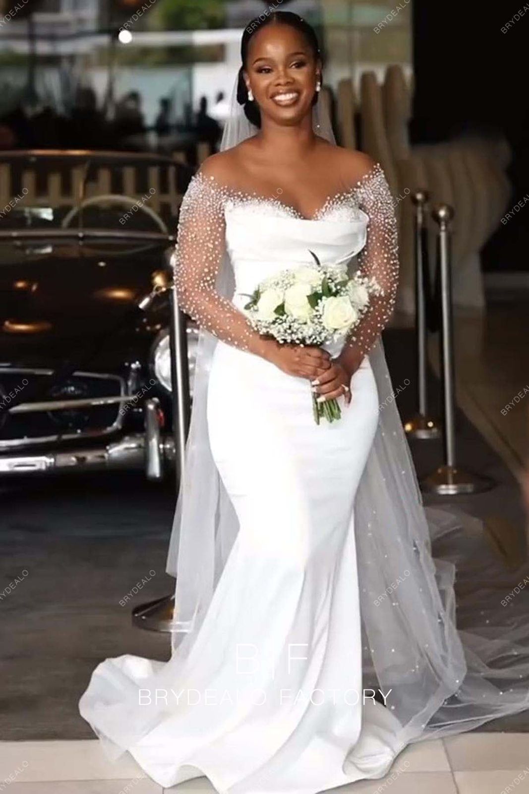 White Satin Mermaid Wedding Dress with Embellished Sleeves and Tulle Train White Satin Mermaid Wedding Dress with Embellished Sleeves and Tulle Train — Mermaid Dresses