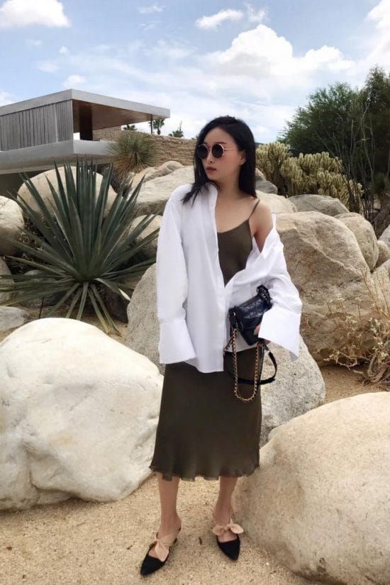 Chic Desert Exploration with Olive Slip Dress and Oversized Shirt Chic Desert Exploration with Olive Slip Dress and Oversized Shirt — Palm Springs Outfits
