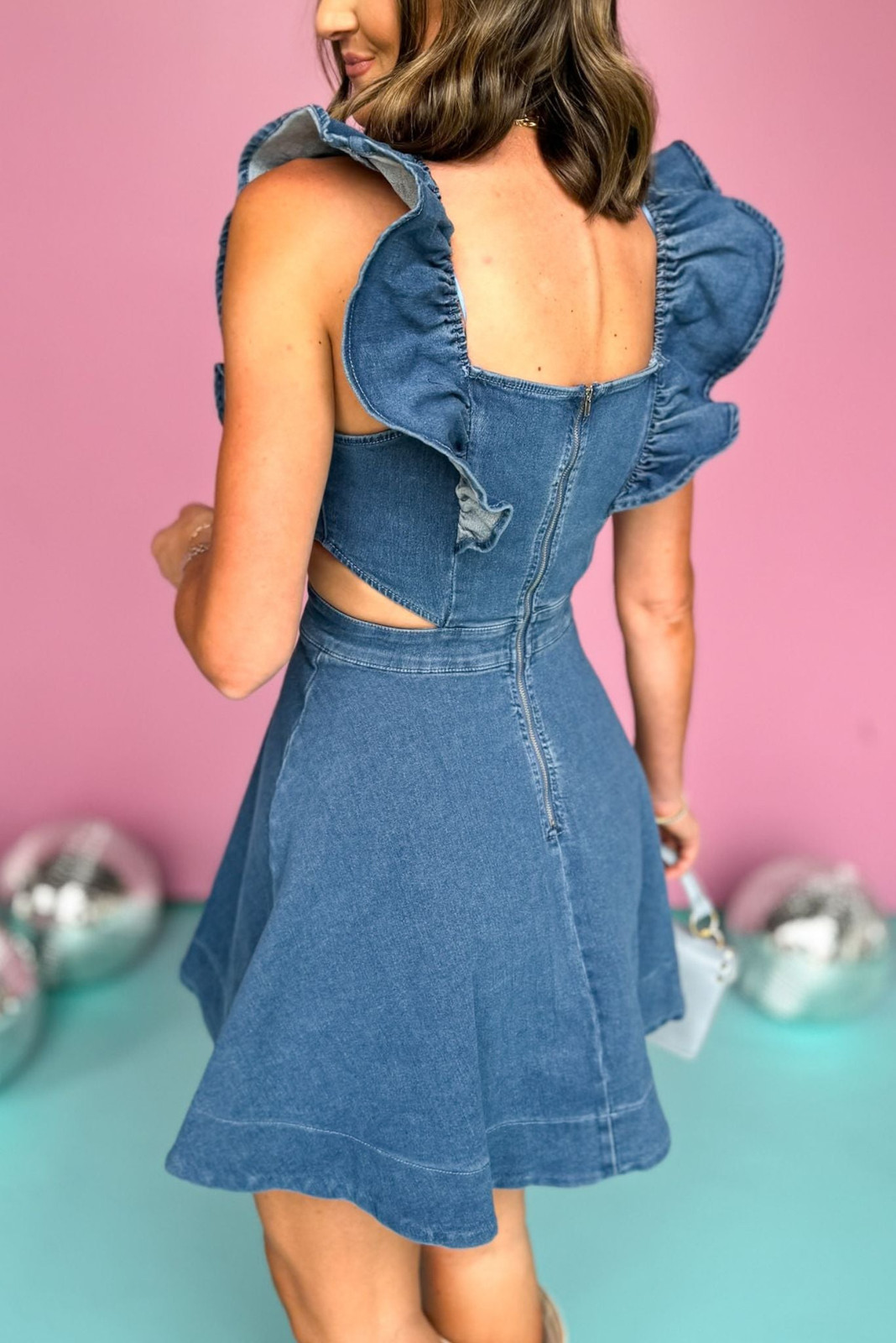 Blue Denim Fit and Flare Mini Dress with Side Cutouts Blue Denim Fit and Flare Mini Dress with Side Cutouts — Cutout Dresses