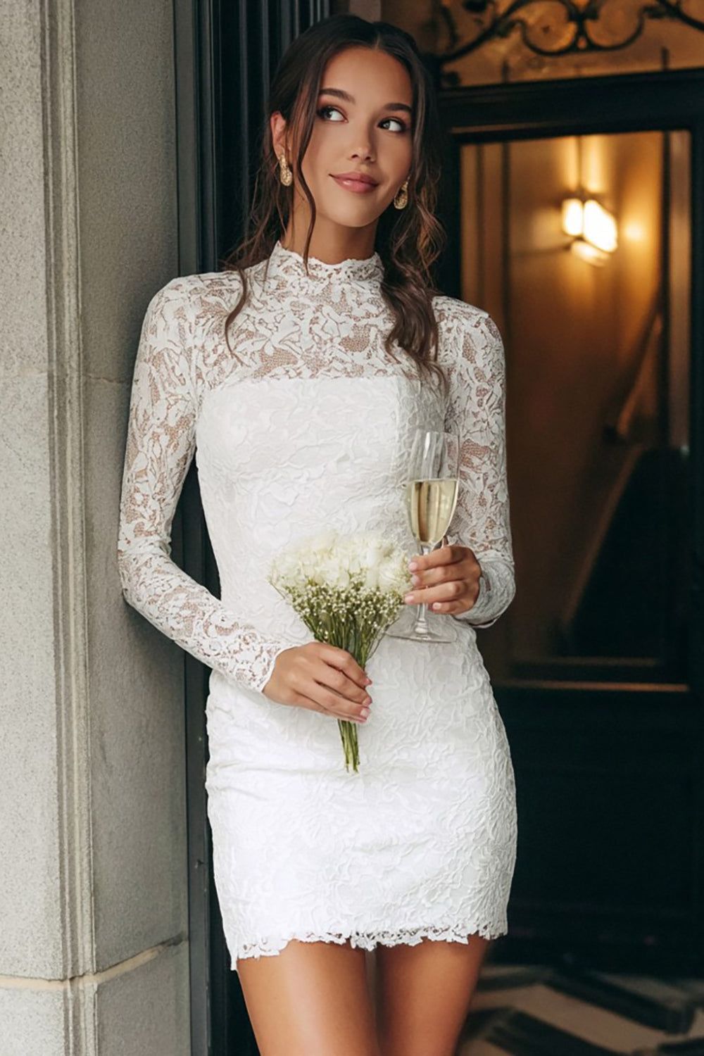 Ivory Lace Mini Dress with High Neck and Bodycon Fit Ivory Lace Mini Dress with High Neck and Bodycon Fit — Bridal Shower Dresses