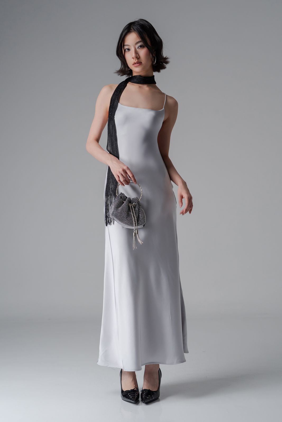 Silver Satin Slip Dress with Sparkling Mesh Scarf Silver Satin Slip Dress with Sparkling Mesh Scarf — Bachelorette Dresses
