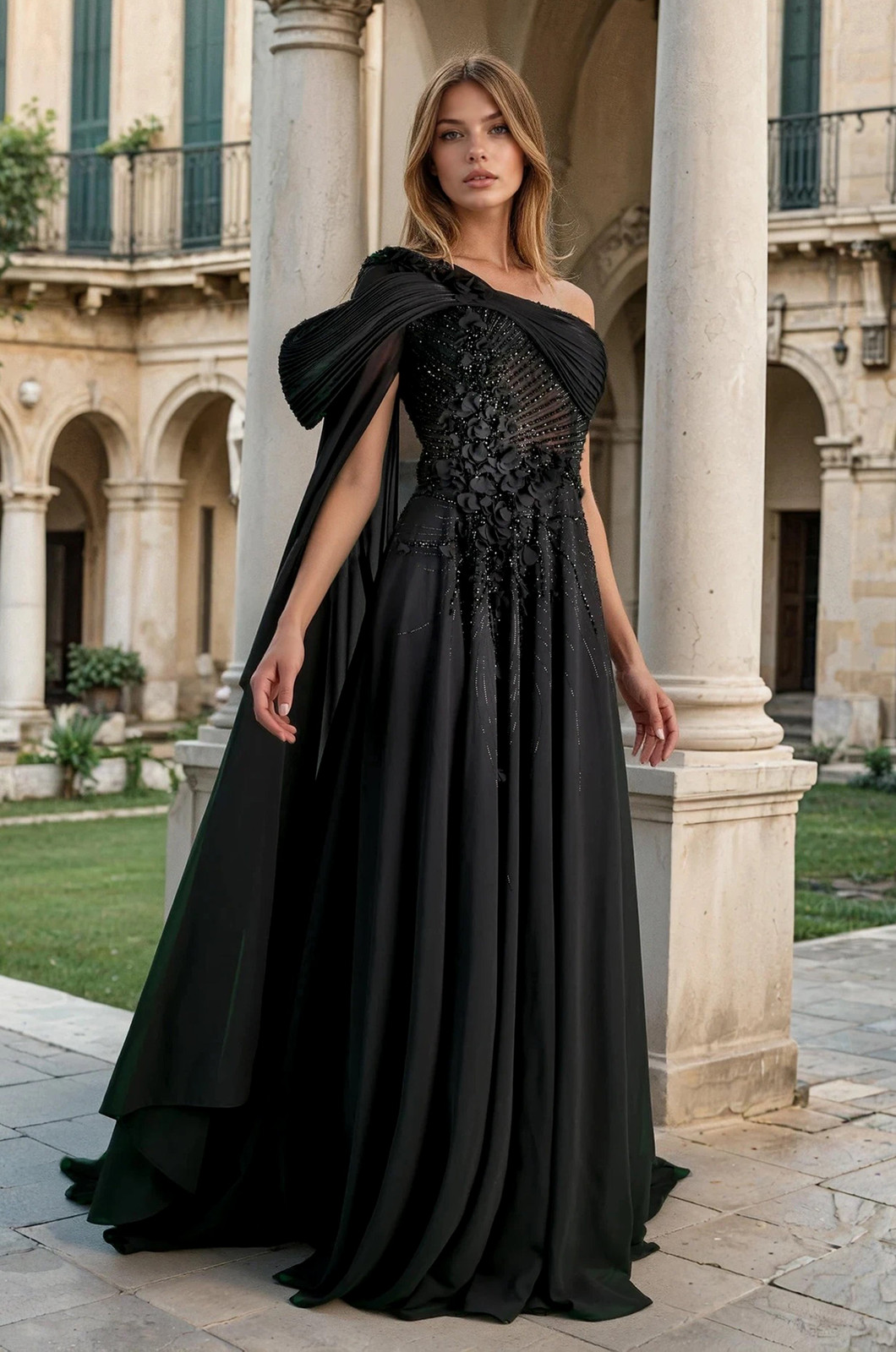 Dramatic Black Gown with Sculpted Shoulder and Flowing Cape — Black Tie Outfits