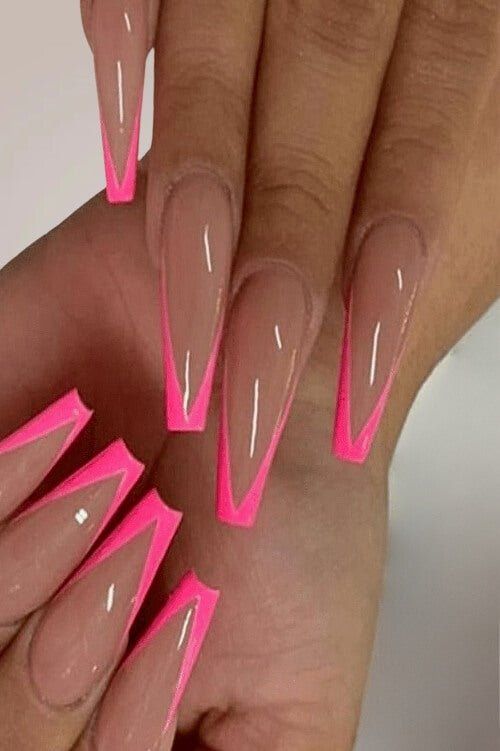Sheer Pink with Neon Pink V-French Coffin Nails Sheer Pink with Neon Pink V-French Coffin Nails — Long Coffin Nails