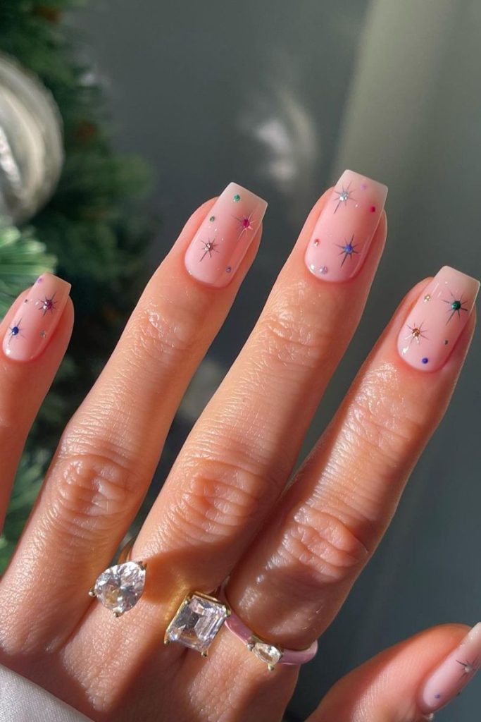 Sheer Pink with Scattered Rhinestones and Stars — Girls Trip Nails