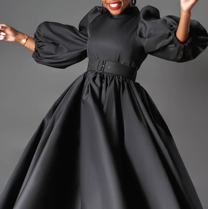 Dramatic Black Ballgown Silhouette Dress with Puff Sleeves Dramatic Black Ballgown Silhouette Dress with Puff Sleeves — Church Dresses