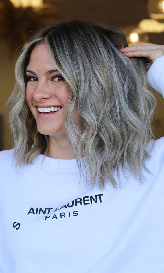 Ash Blonde Lob with Beachy Waves Ash Blonde Lob with Beachy Waves