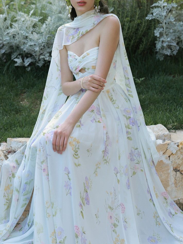 Pale Blue Floral Chiffon Dress with Sheer Cape — Chiffon Dresses