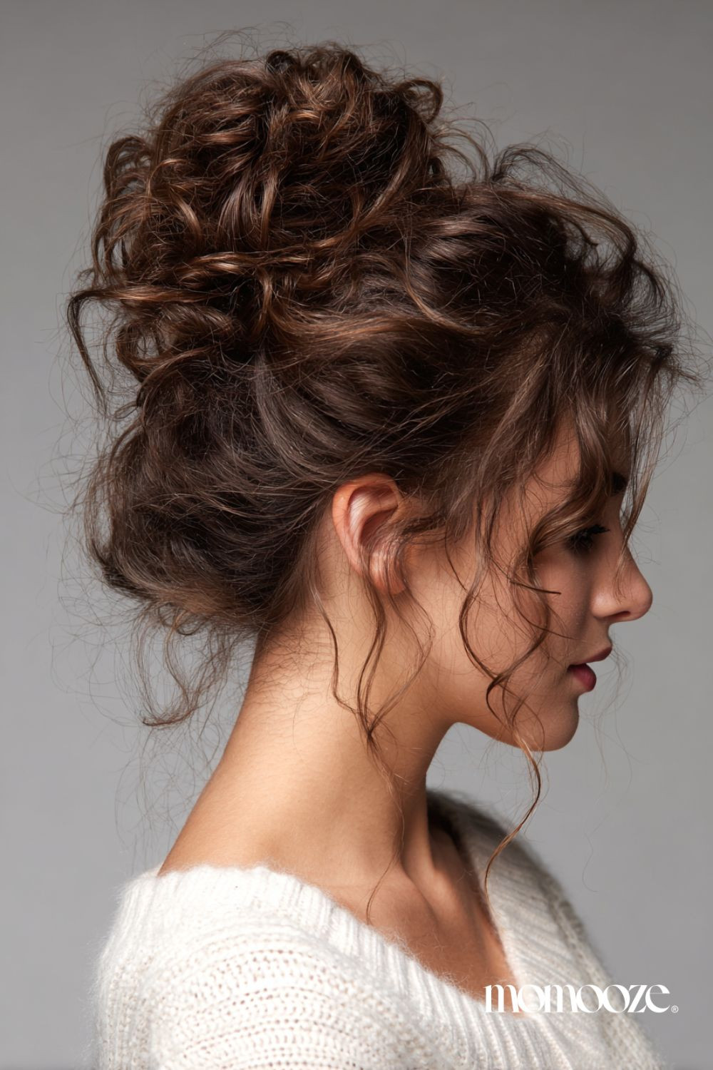 Voluminous Curly Dark Brown Updo — Messy Low Bun