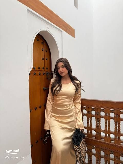 Sleek Gold Satin Dress for Elegant Evenings Sleek Gold Satin Dress for Elegant Evenings — Morocco Outfits