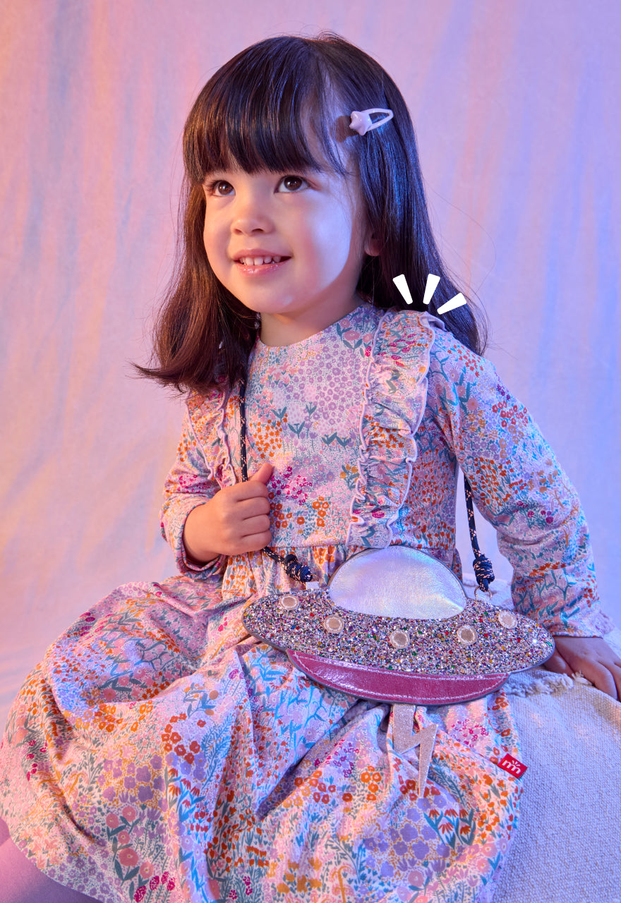 Floral Print Dress with Ruffled Trim and UFO Purse Floral Print Dress with Ruffled Trim and UFO Purse — Toddler Girl Outfits
