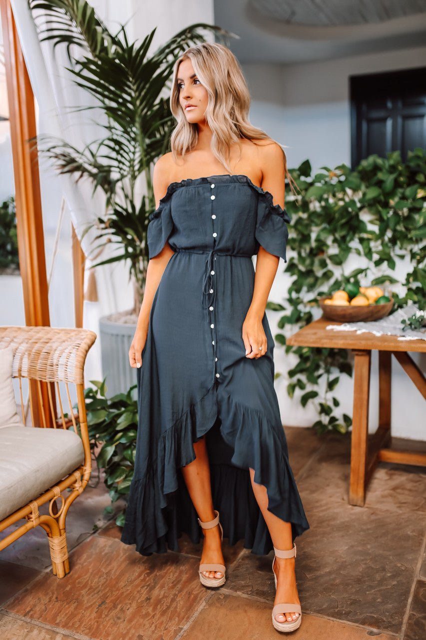 Navy Blue Off-Shoulder Button-Down High-Low Dress — High Low Dresses