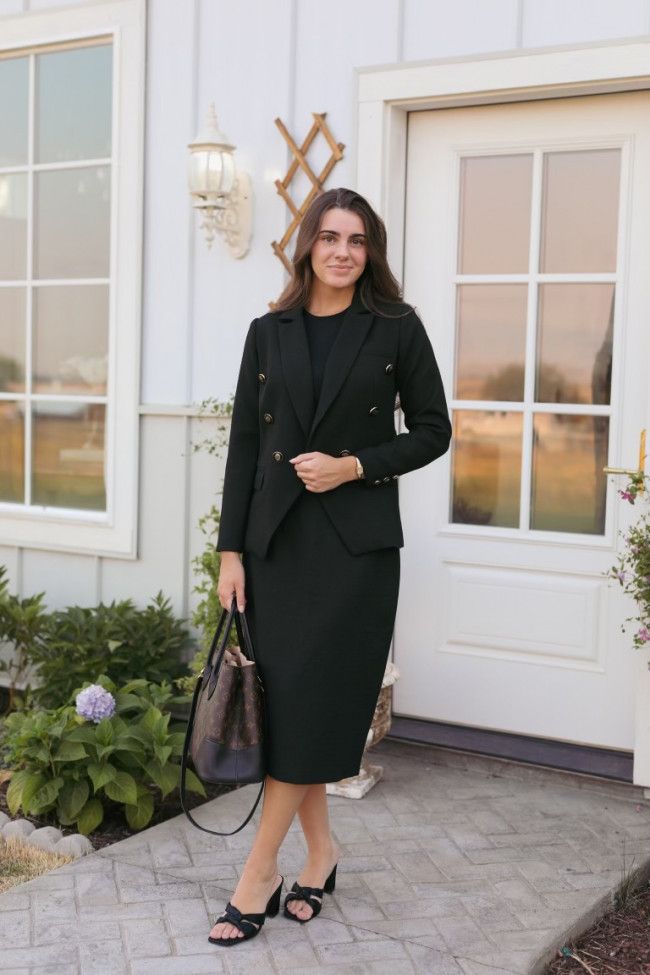 Timeless Elegance: Black Blazer Over a Pencil Dress Timeless Elegance: Black Blazer Over a Pencil Dress — Meet the Teacher Outfits