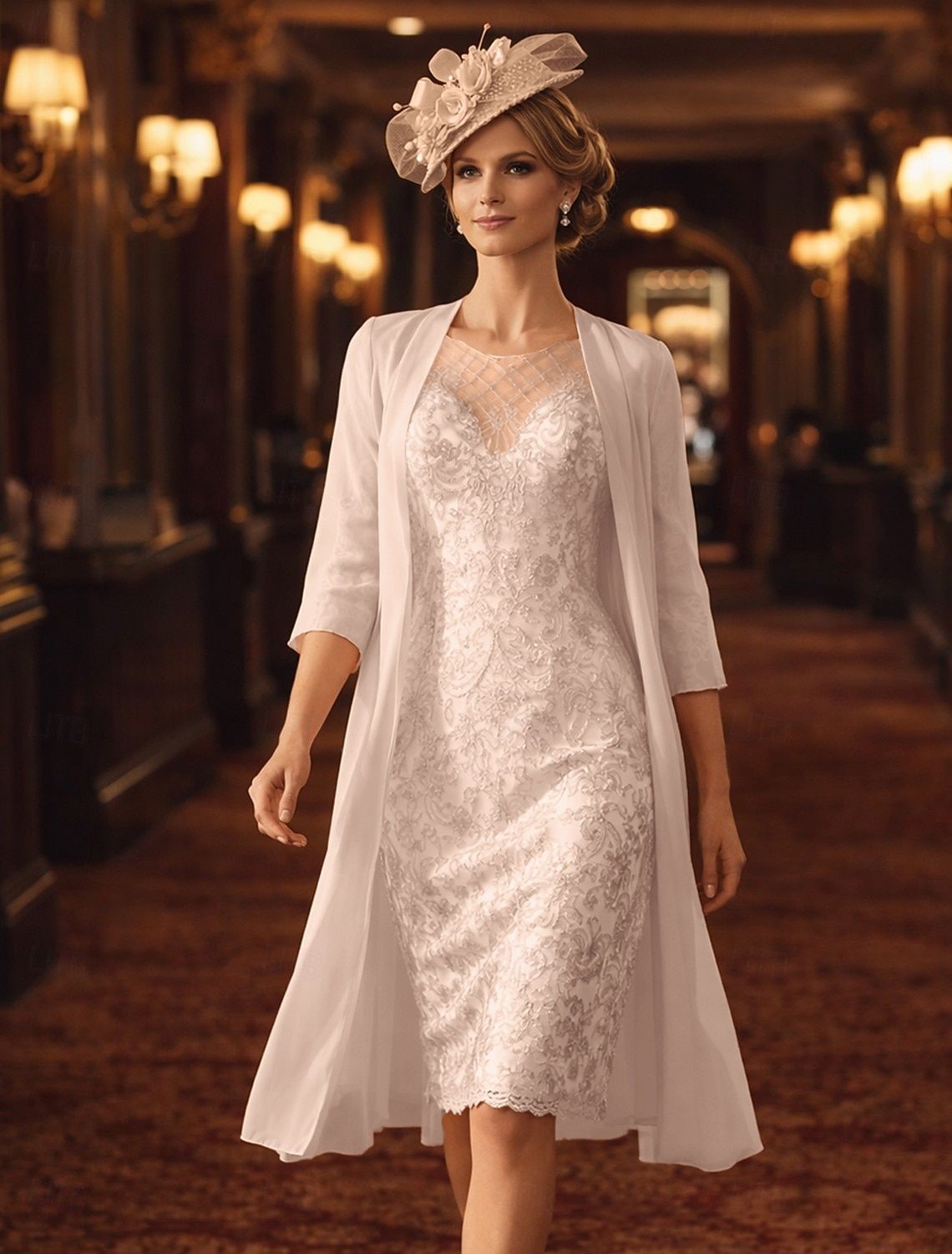 Ivory Lace Sheath Dress with Duster Coat and Fascinator Ivory Lace Sheath Dress with Duster Coat and Fascinator — Mother of the Bride Dresses