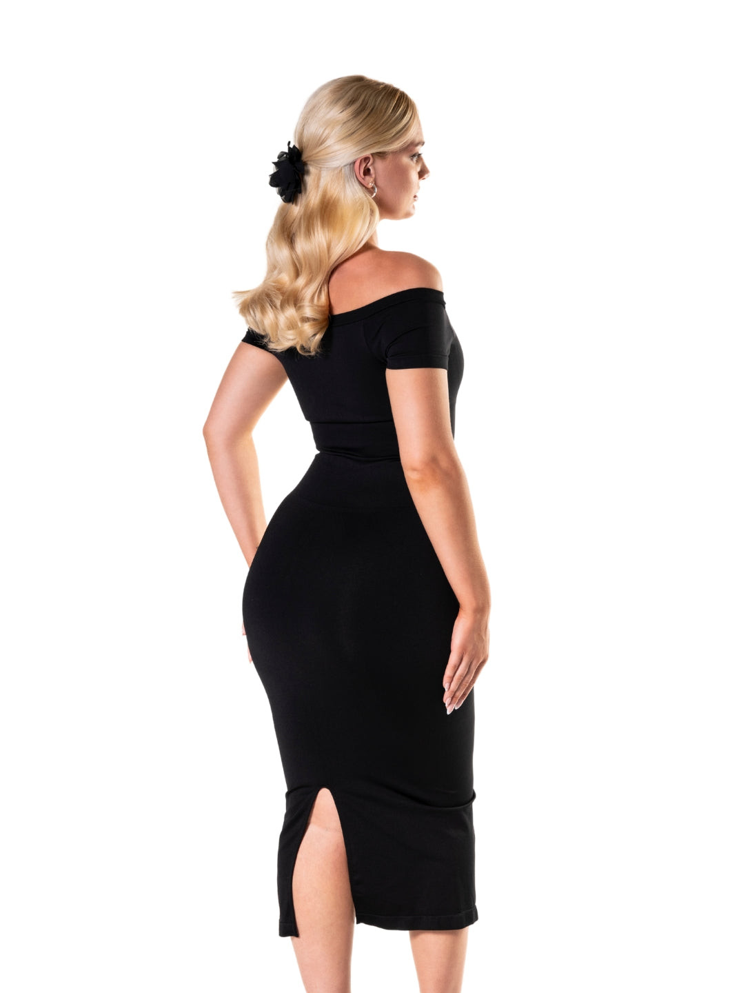 Fitted Black Off-the-Shoulder Sheath Dress — Dresses for Pear Shape