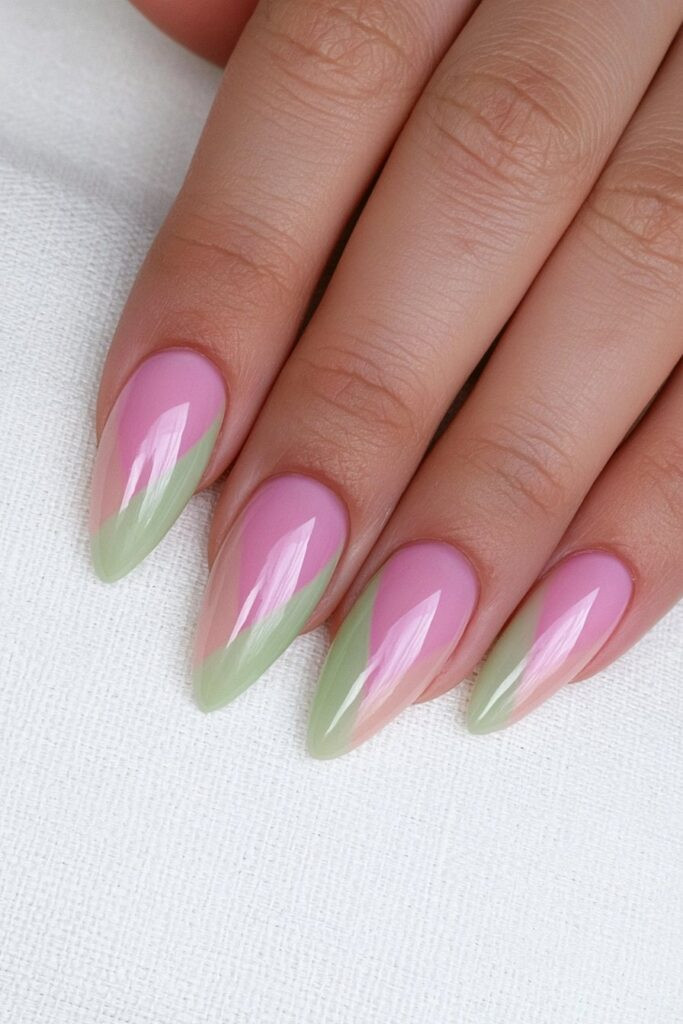 Pink and Light Green Color-Blocked Stilettos Pink and Light Green Color-Blocked Stilettos — Two Tone Nails