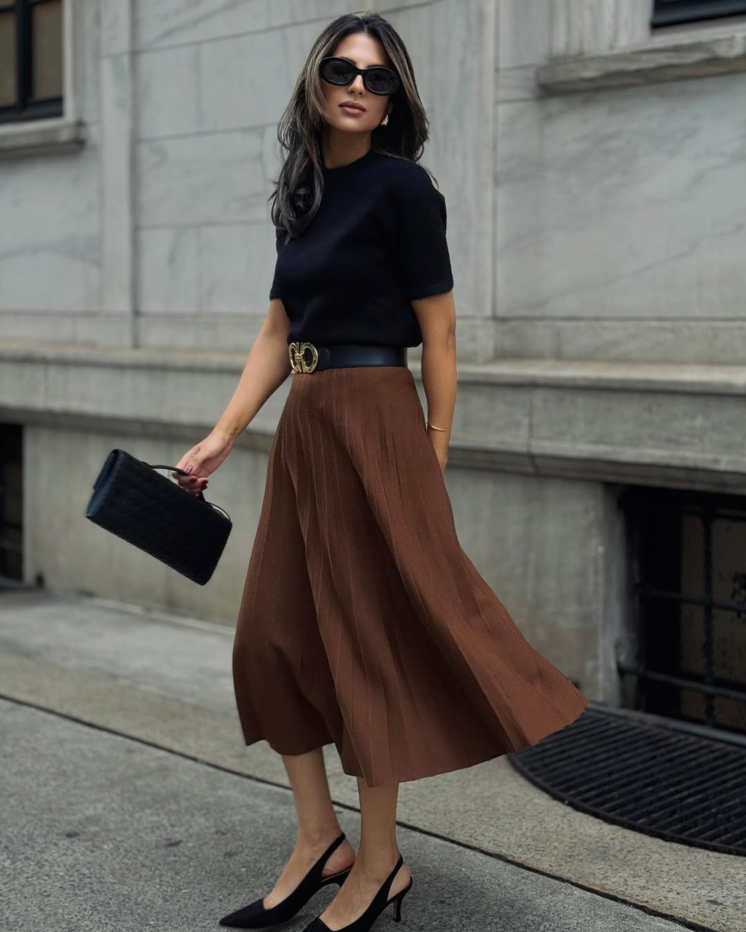 Pleated Midi Skirt with Cinched Waist — Outfits for Inverted Triangle