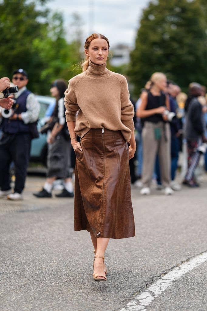 Chic Tan Turtleneck and Brown Leather Midi Skirt Combination — Brown Outfits
