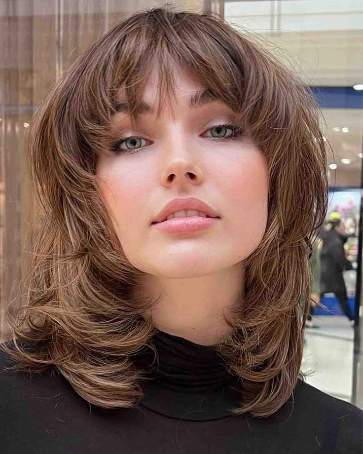Shoulder-Length Shag With Full Bangs Shoulder-Length Shag With Full Bangs — Face Framing Layers