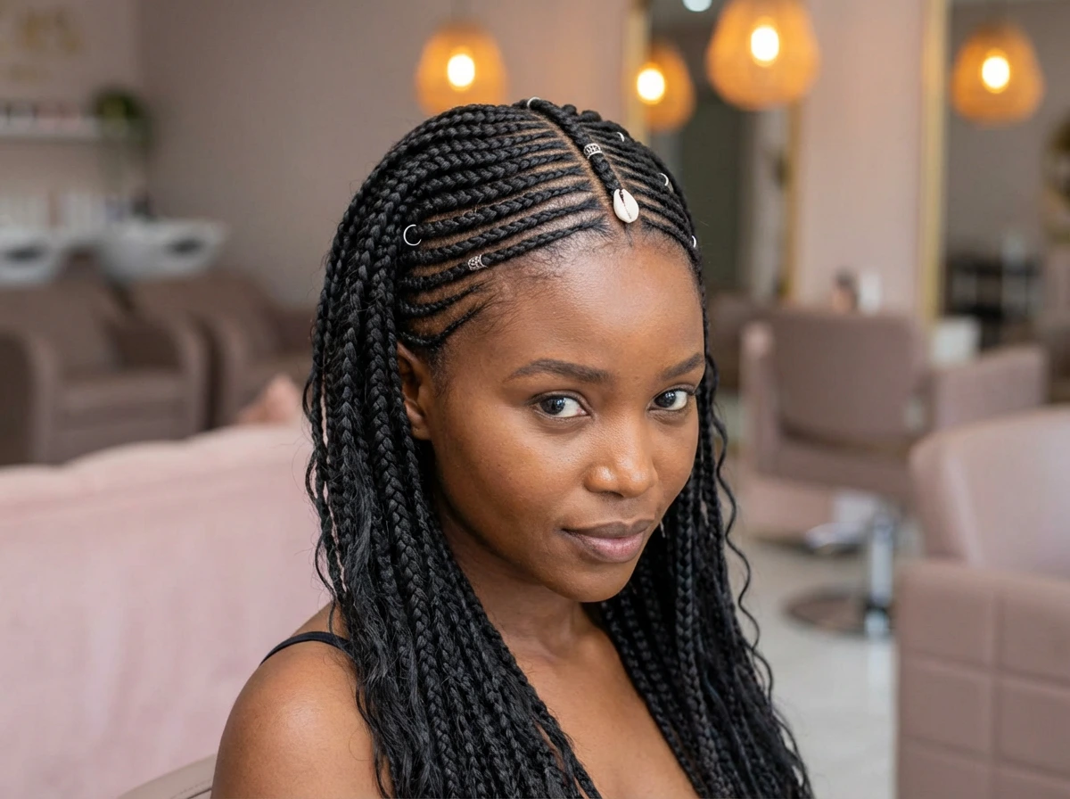 Black Mid-Back Fulani Braids With Wavy Ends and Accessory