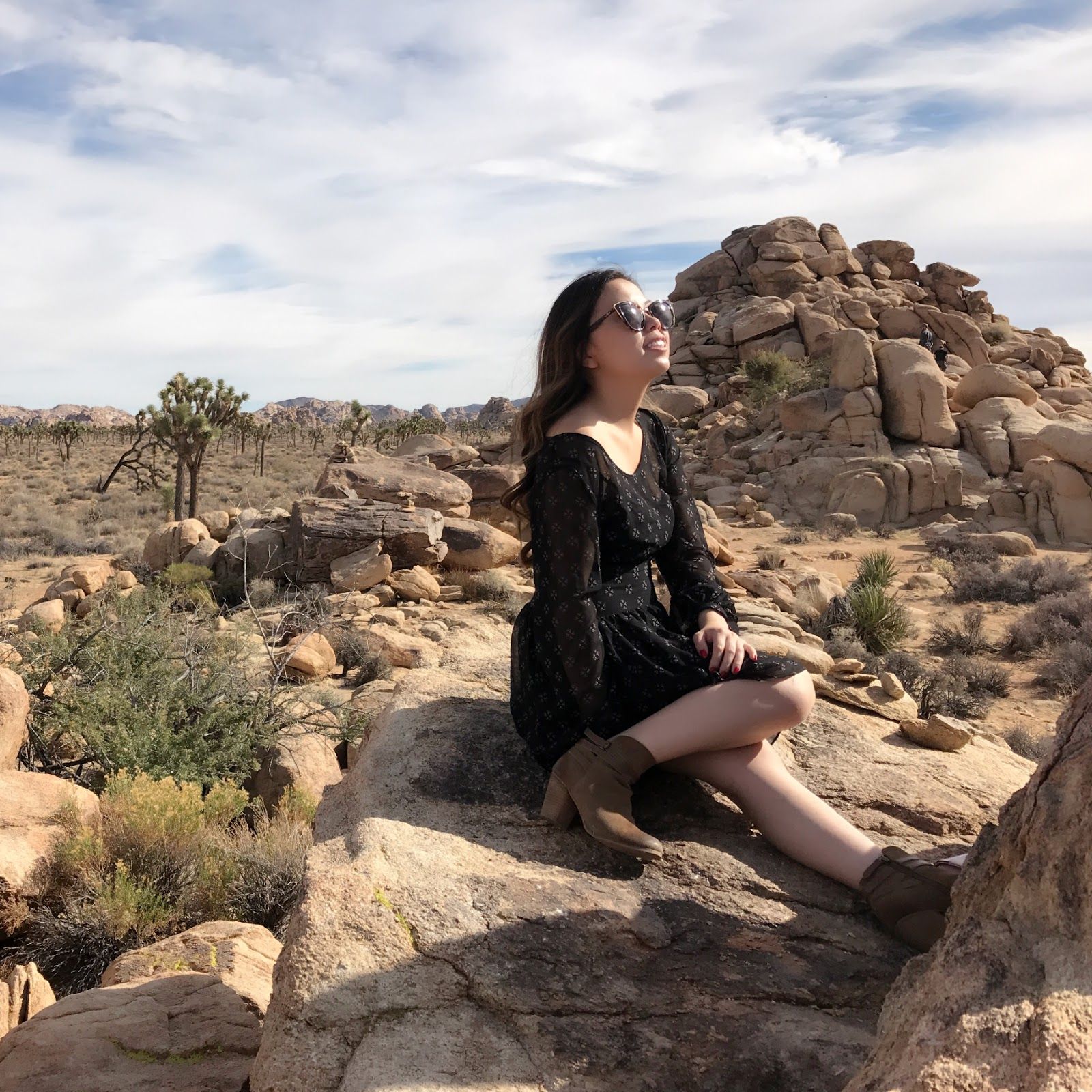 Rocky Desert Scene: Black Patterned Dress and Ankle Boots Rocky Desert Scene: Black Patterned Dress and Ankle Boots — National Park Outfits