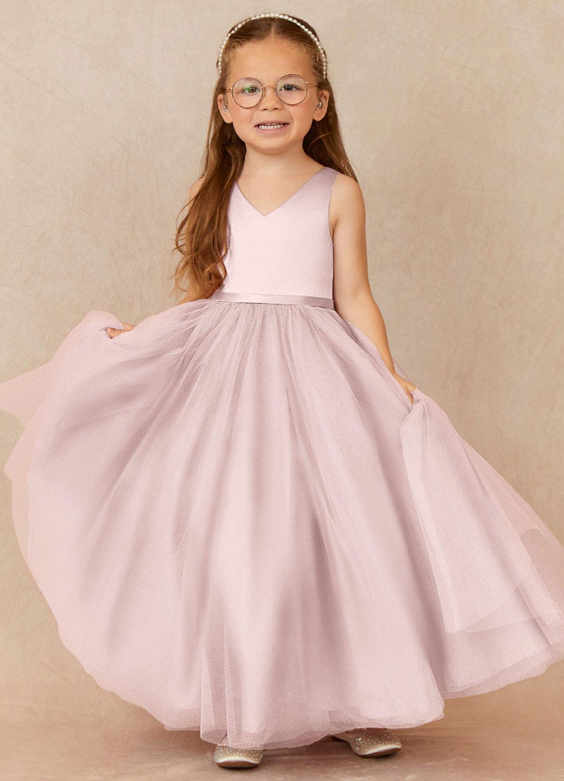 Blushing Pink Tulle Dress with Satin Sash and Pearl Headband Blushing Pink Tulle Dress with Satin Sash and Pearl Headband — Flower Girl Dresses