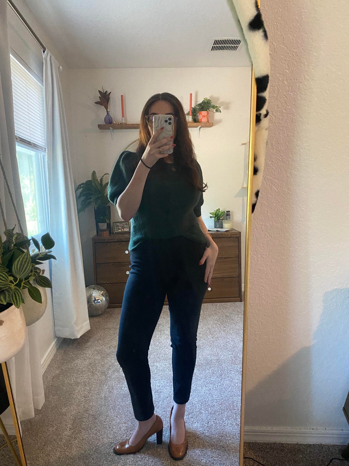 Puff-Sleeve Sweater with Black Trousers and Tan Pumps — First Day of Work Outfits