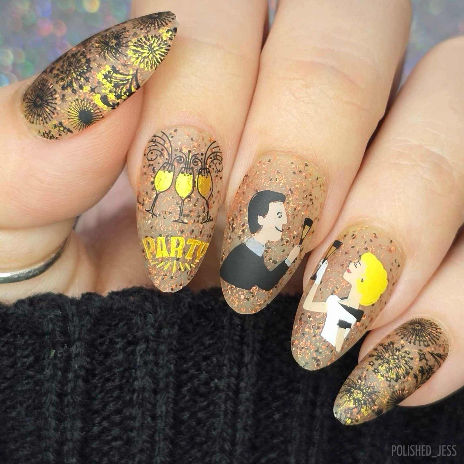Celebration Stamped Medium Almond Nails Celebration Stamped Medium Almond Nails — Dance Nails