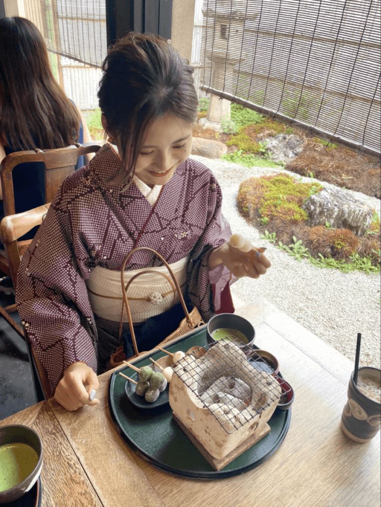 Deep Purple Geometric Kimono for a Kyoto Dining Experience — Kyoto Outfits