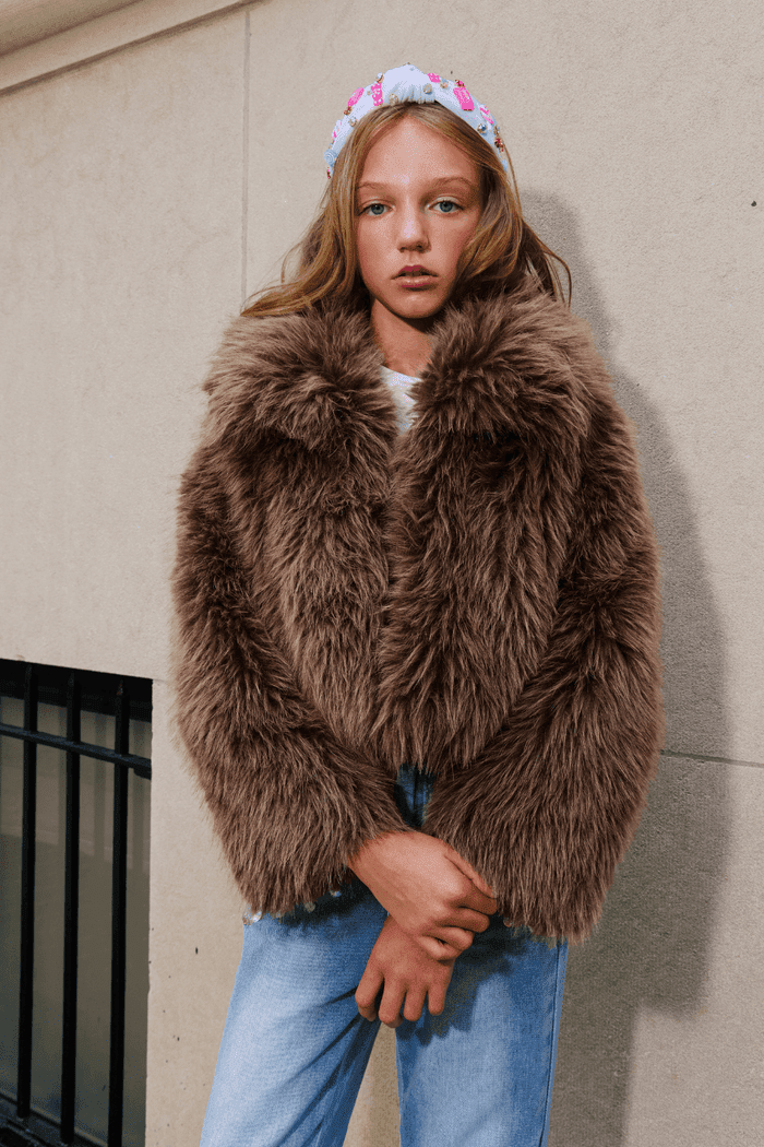Brown Faux Fur Jacket with Floral Headband Brown Faux Fur Jacket with Floral Headband — Soft Girl Outfits