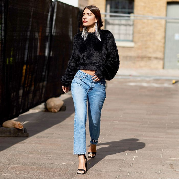 Straight-Leg Jeans, Black Fuzzy Sweater, and Black Heeled Sandals — Heels with Jeans Outfits